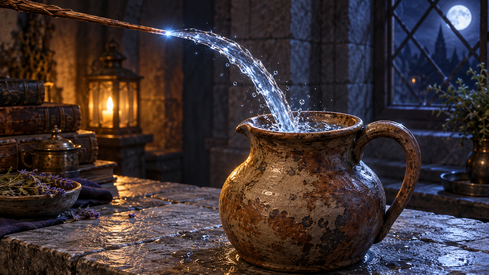 A clear stream of water pouring from a wand into a jug