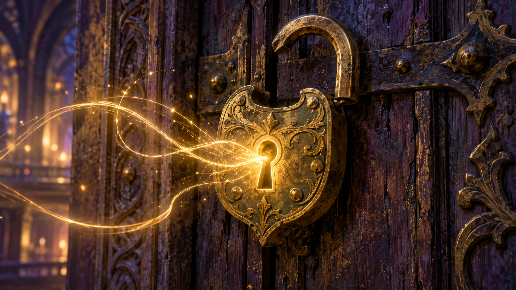 Magical light unlocking an ornate door