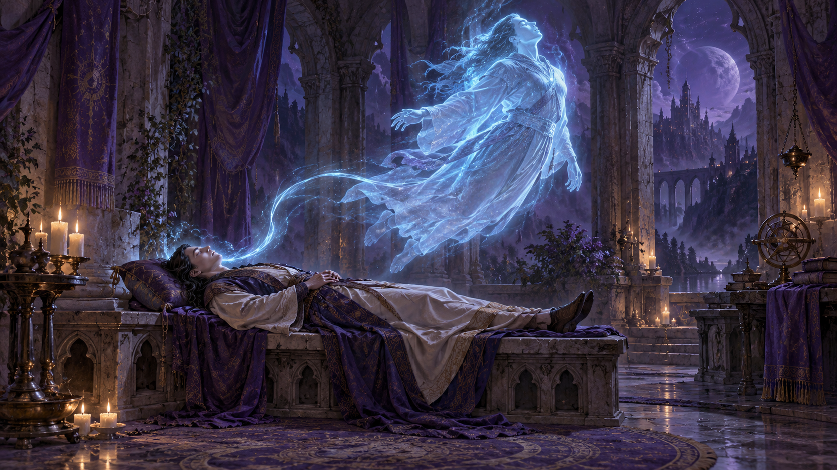 A pale-blue astral silhouette rising from a resting robed figure in a violet sanctum