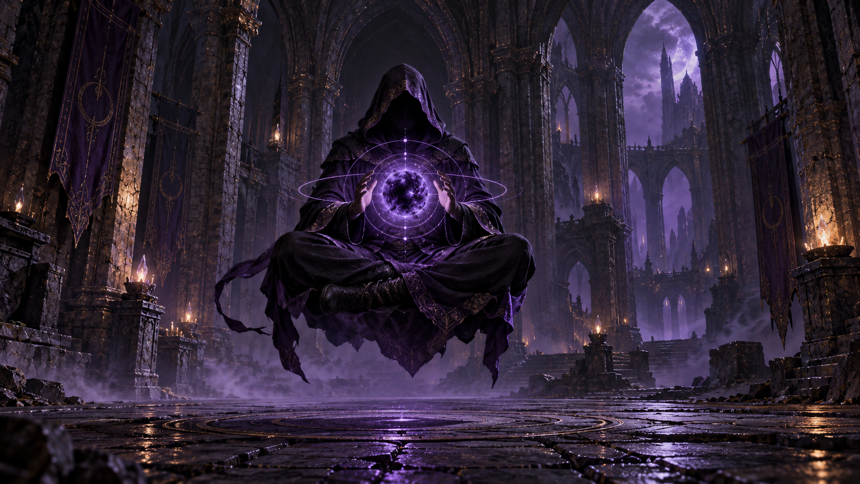 A hovering hooded figure holding a violet energy orb in a ruined stone hall