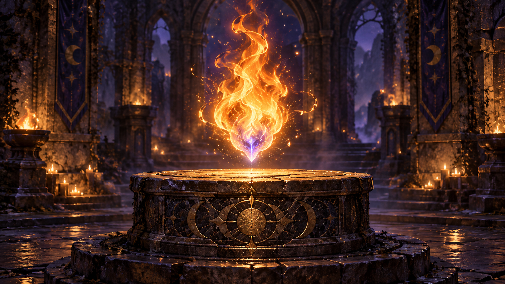 Swirling flames glowing against a dark fantasy backdrop