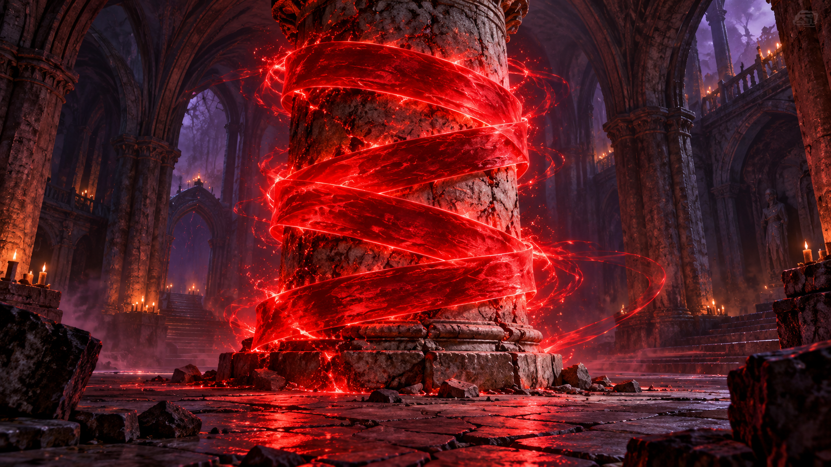 Luminous crimson binding bands tightly encircling a weathered stone pillar