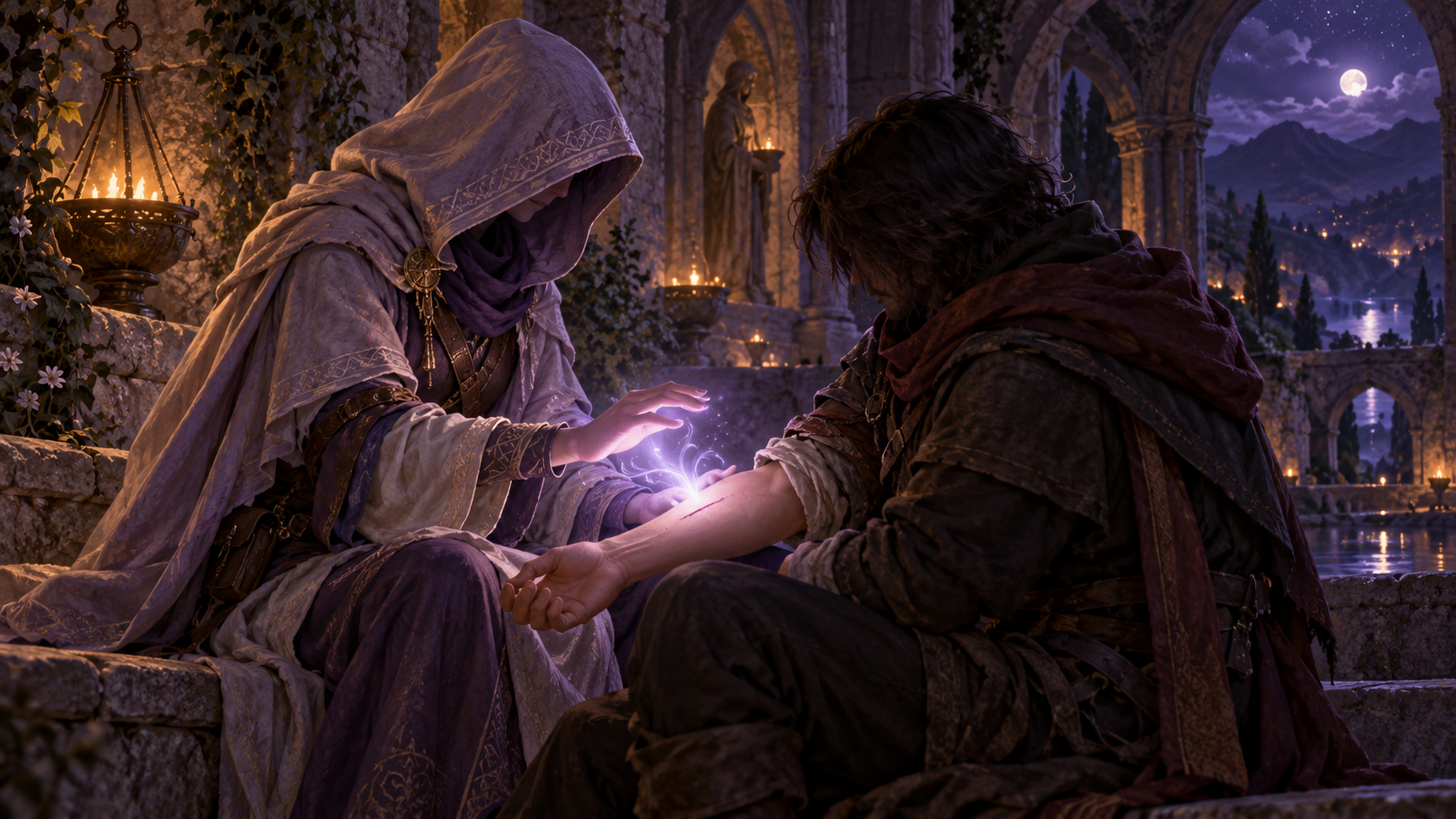 A hooded healer drawing violet light from a seated traveler's injured forearm