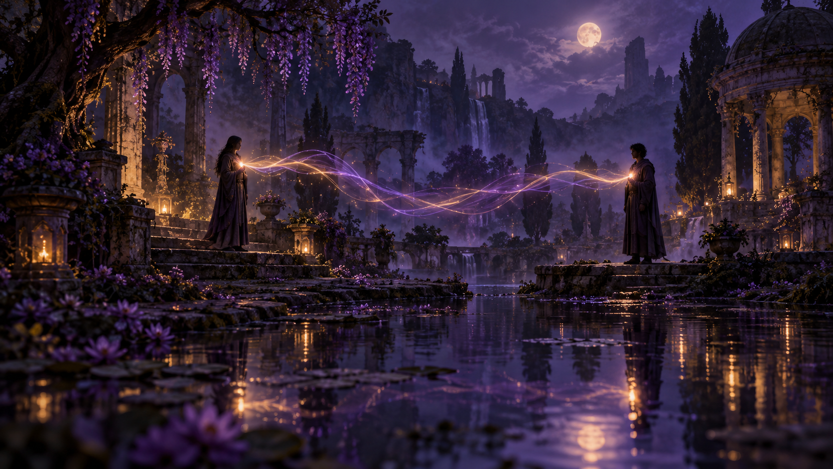 Two robed figures linked by violet and gold light across a moonlit ruined garden