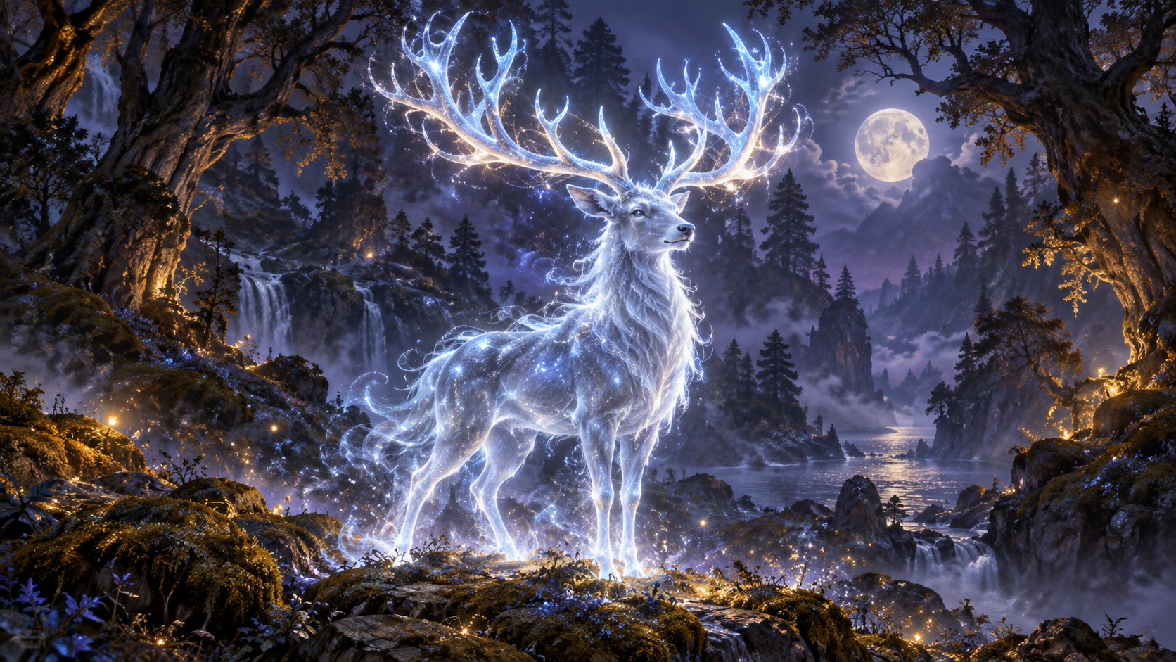 A luminous animal guardian casting protective light through mist