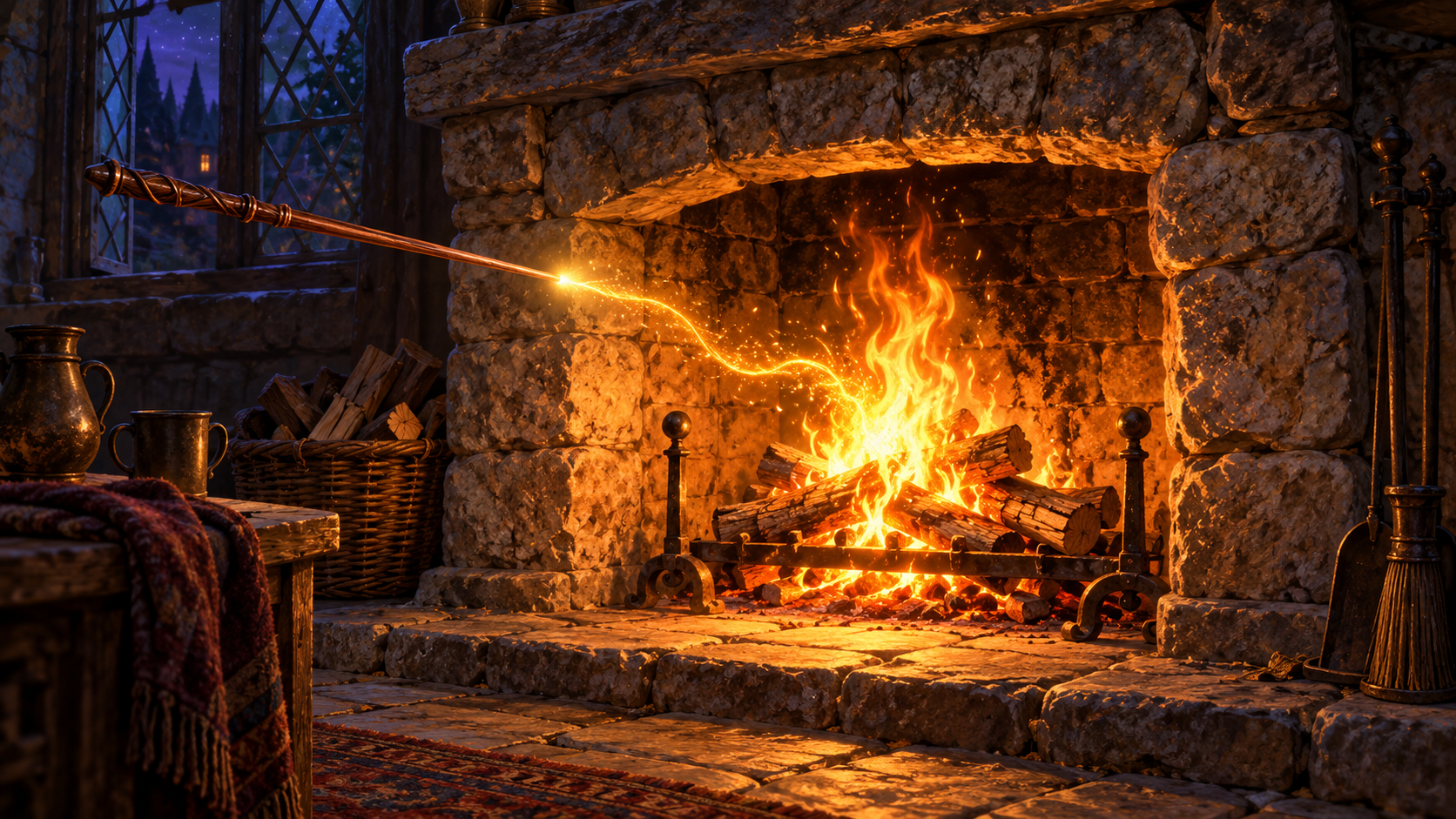 Magical fire glowing in an old stone hearth