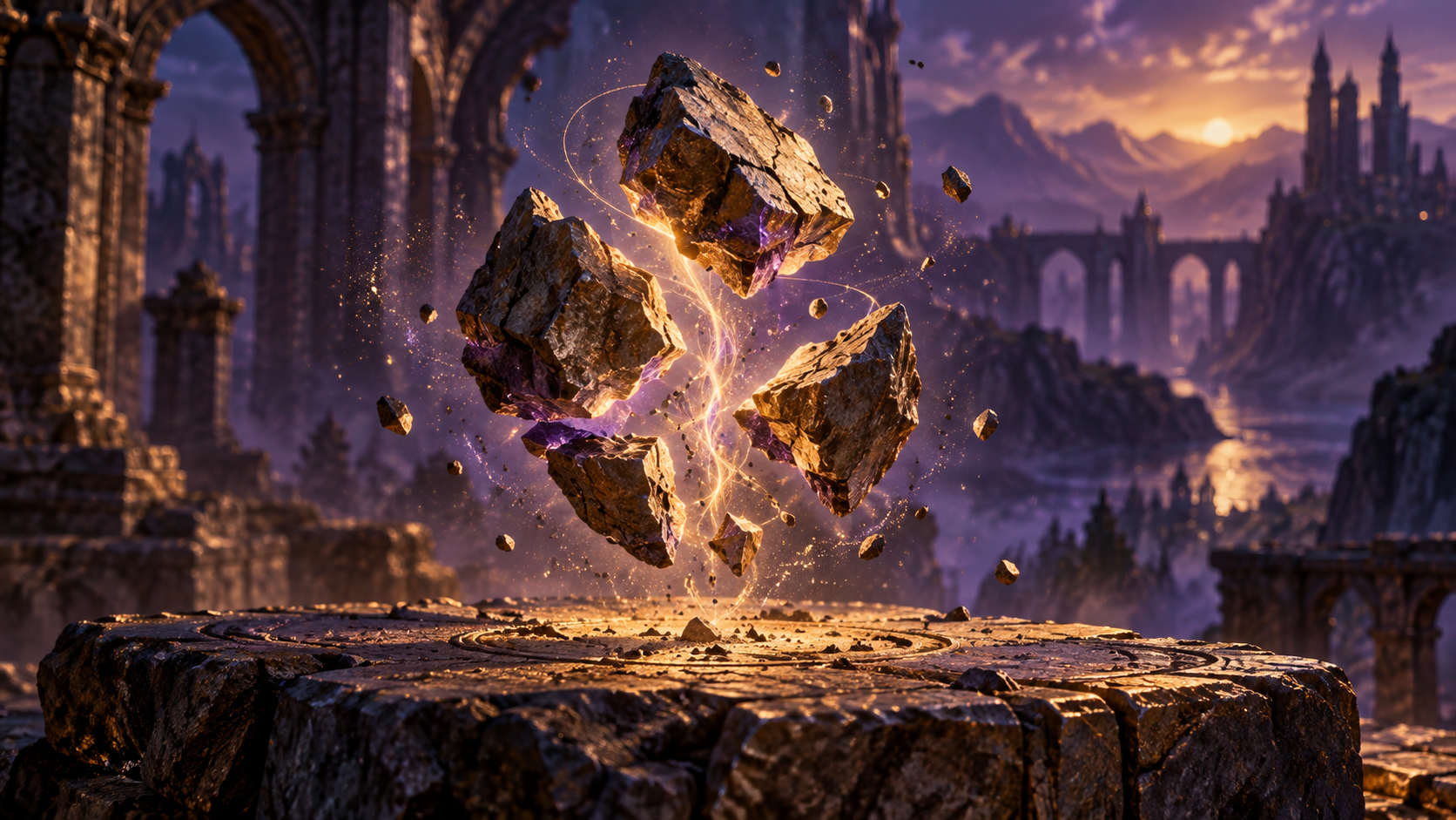 A forceful burst of magic fracturing a stone object