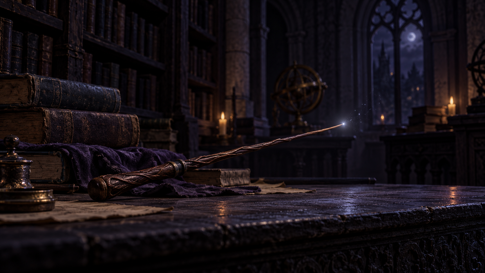 A wand's last point of light fading in a dark archive