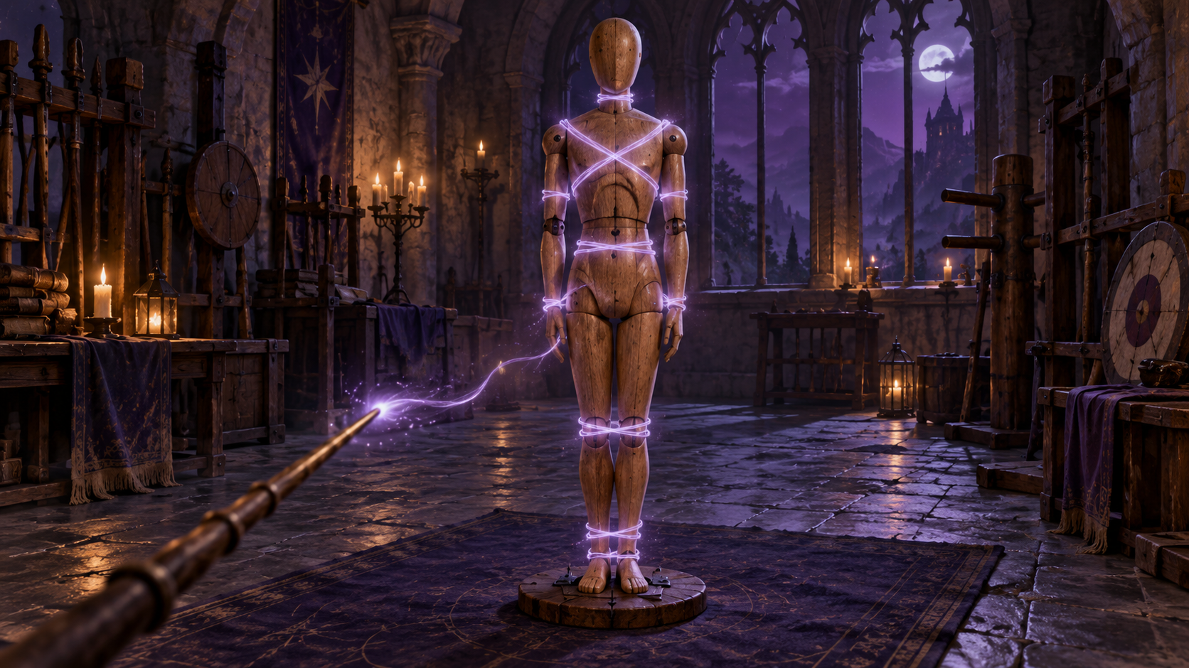 A wooden training figure held motionless by binding magic