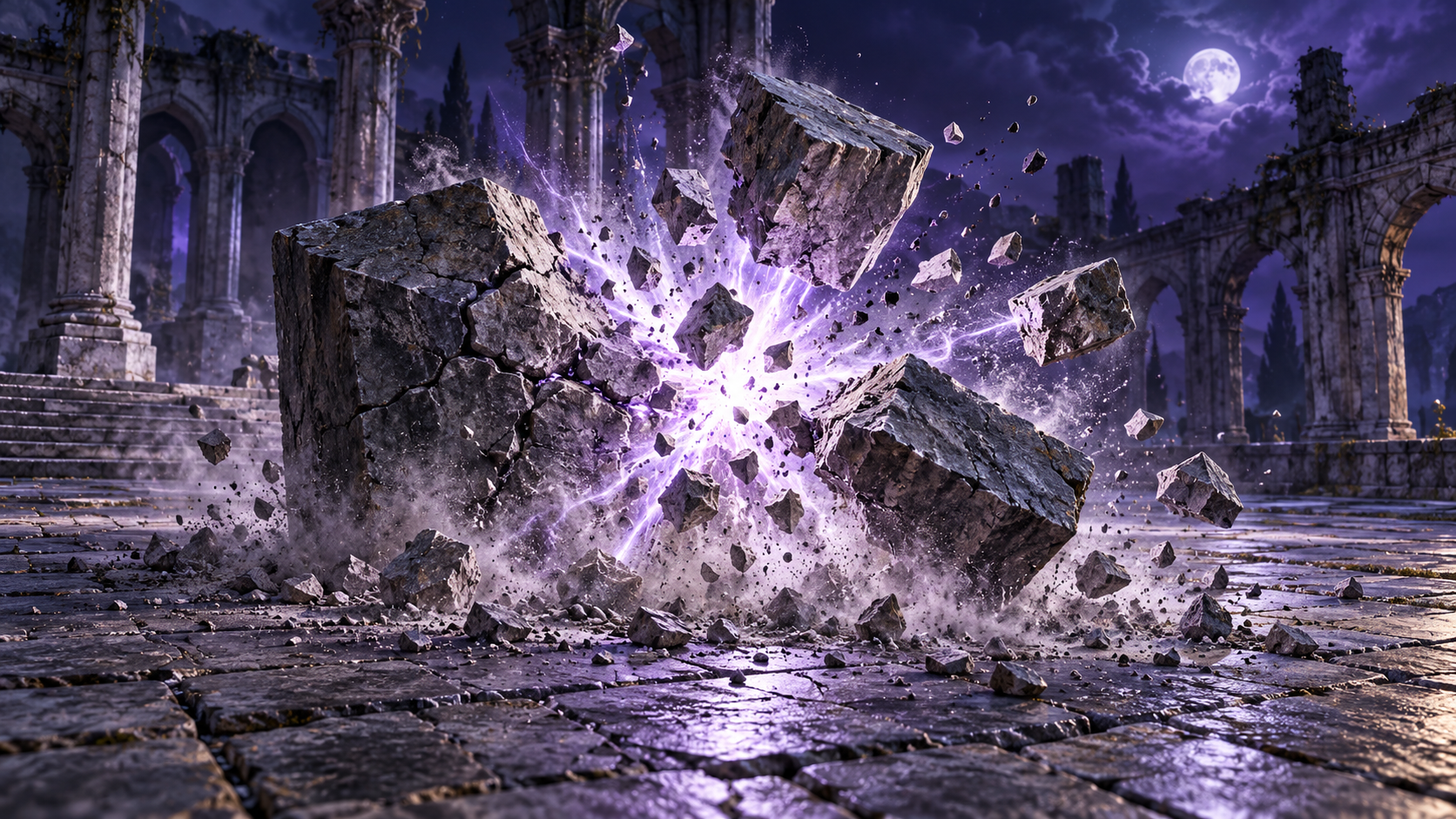 A stone block breaking into fragments under a magical blast