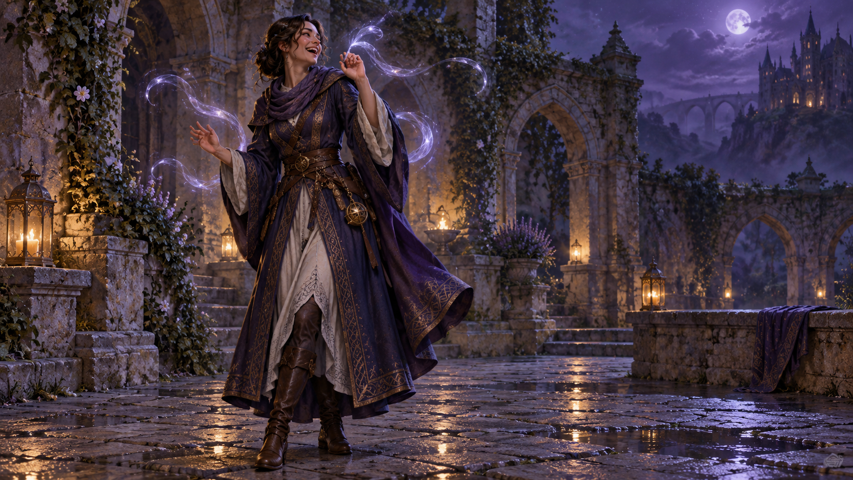 A fully clothed wizard laughing amid curling magical wisps