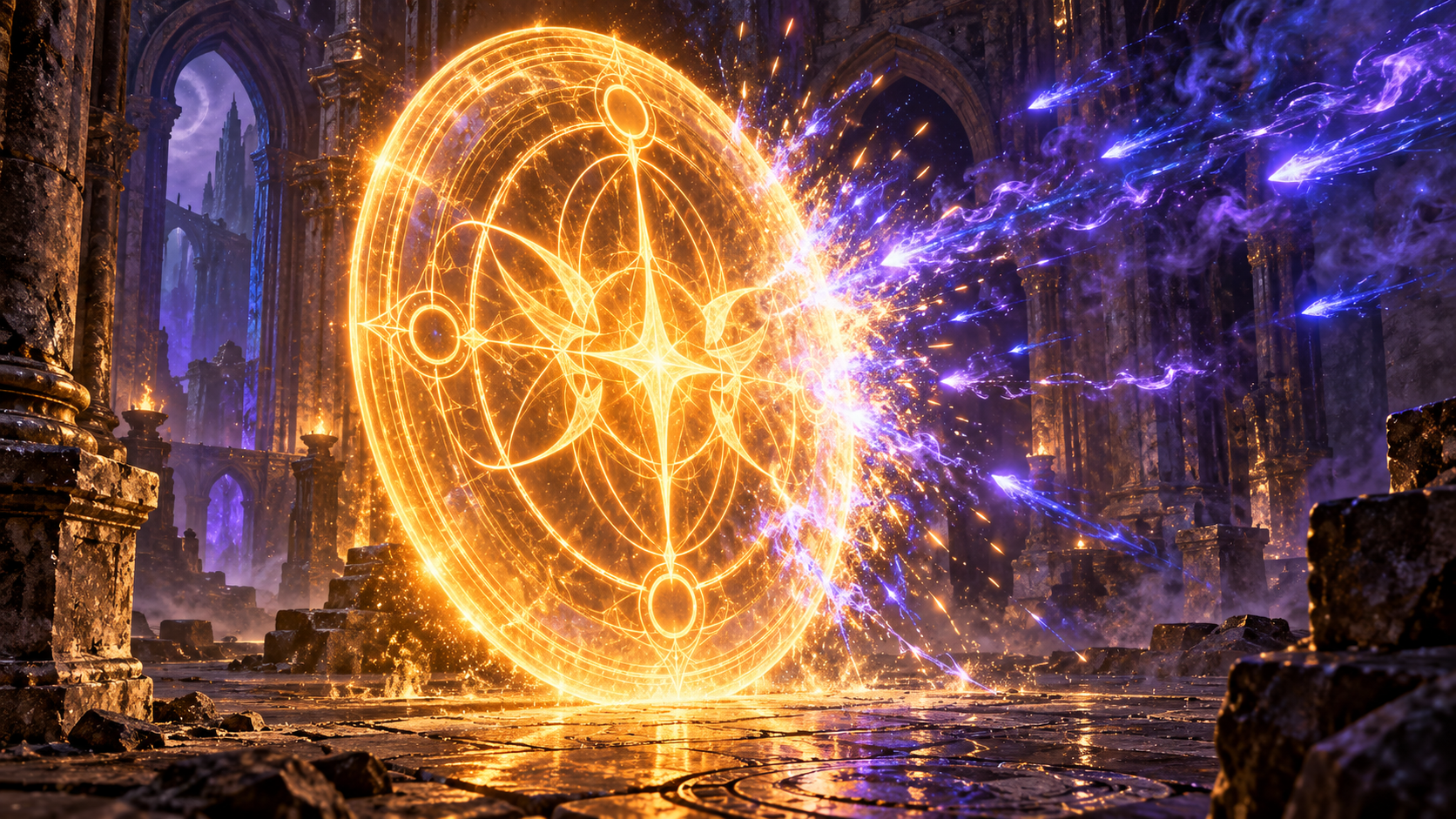 A circular golden-orange magical shield scattering incoming blue-violet sparks