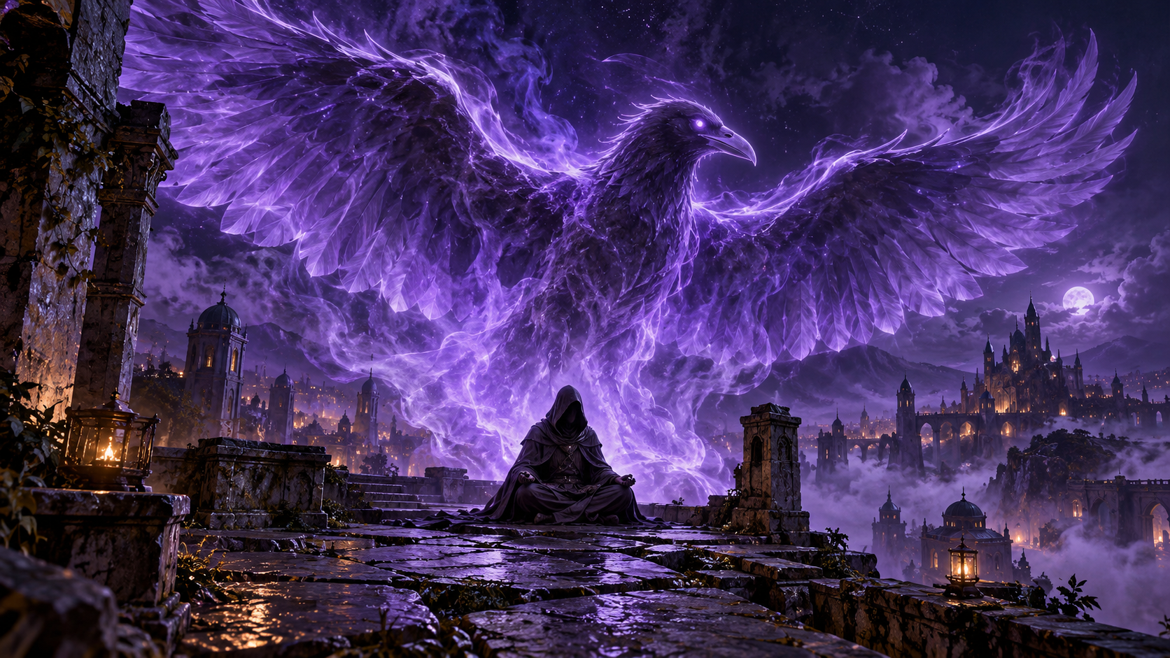 A vast violet spectral raven spreading its wings above a seated hooded figure