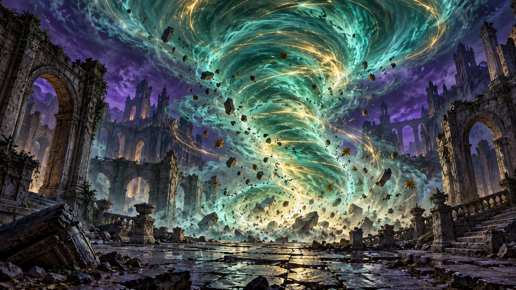 A teal and gold magical wind funnel lifting debris through a ruined stone courtyard
